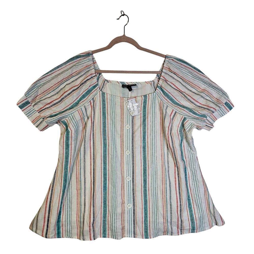 Lane Bryant Sz18 NWT Square Neck Striped Buttondown linen blue n pink‎ blouse.